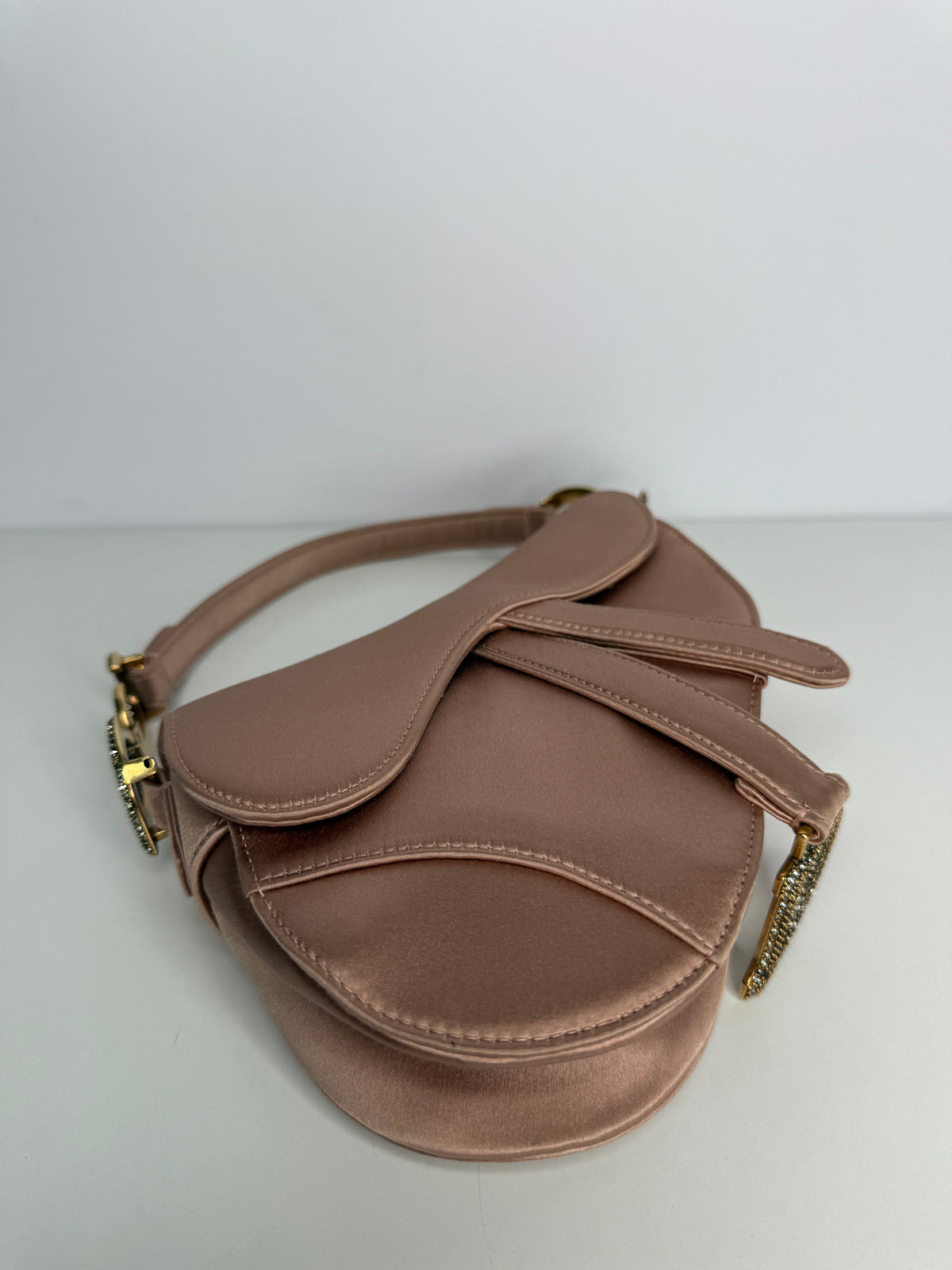 Christian Dior Satin Crystal Mini Saddle Bag Powder Beige