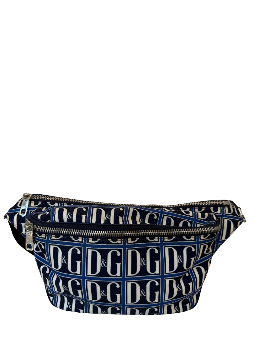 Dolce Gabbana Men DG Navy/White Grid Logo Nylon Belt Bag