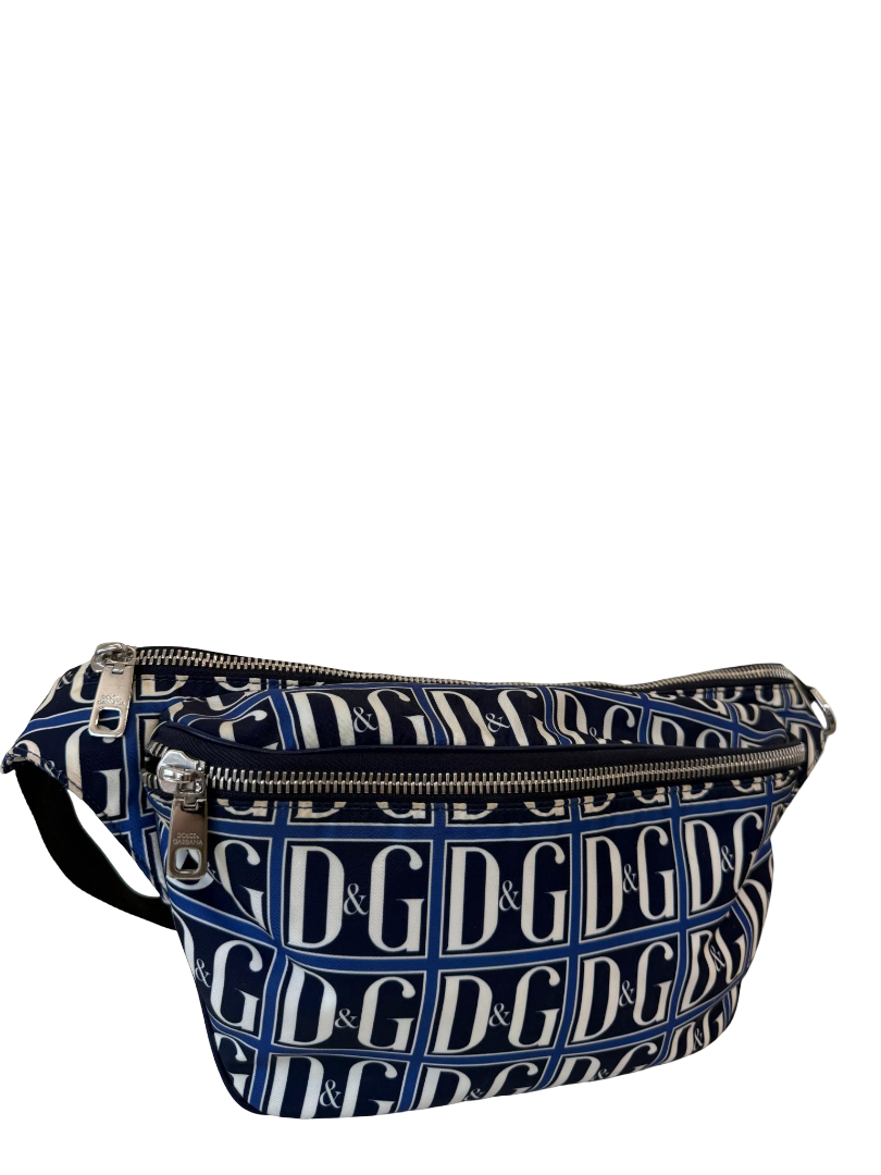 Dolce Gabbana Men DG Navy/White Grid Logo Nylon Belt Bag