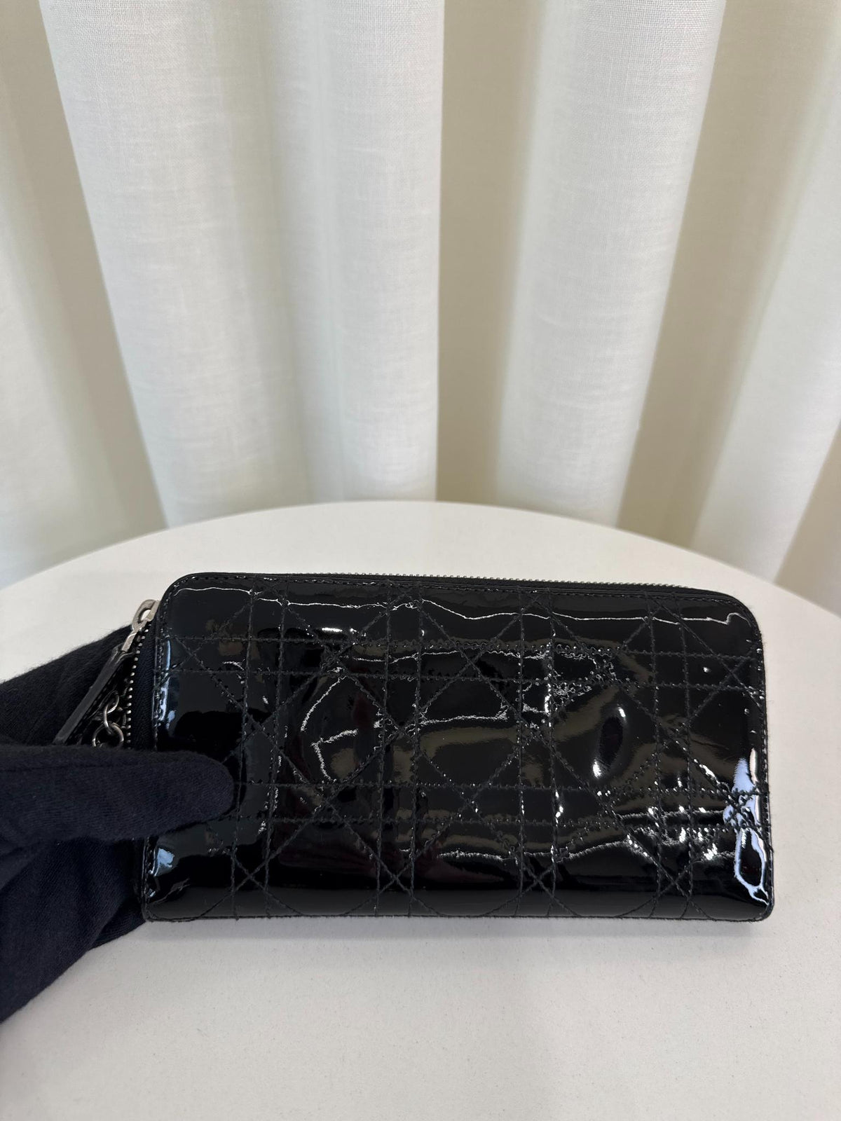 Christian Dior Black Cannage Quilted Patent Leather Zippy Wallet