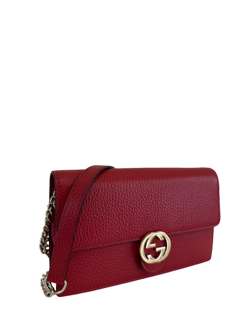 Gucci Red Interlocking G Chain Leather Wallet on Chain