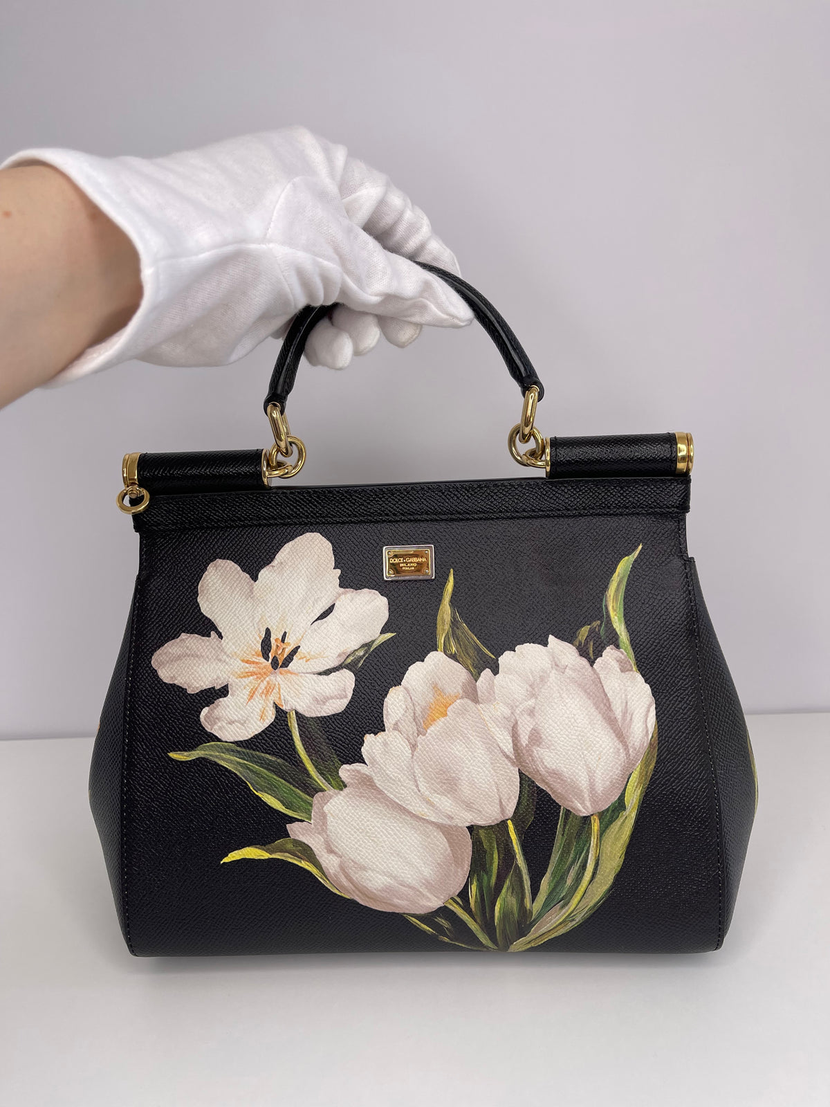 Dolce & Gabbana Medium Miss Sicily Black Tulip Print Leather  Bag
