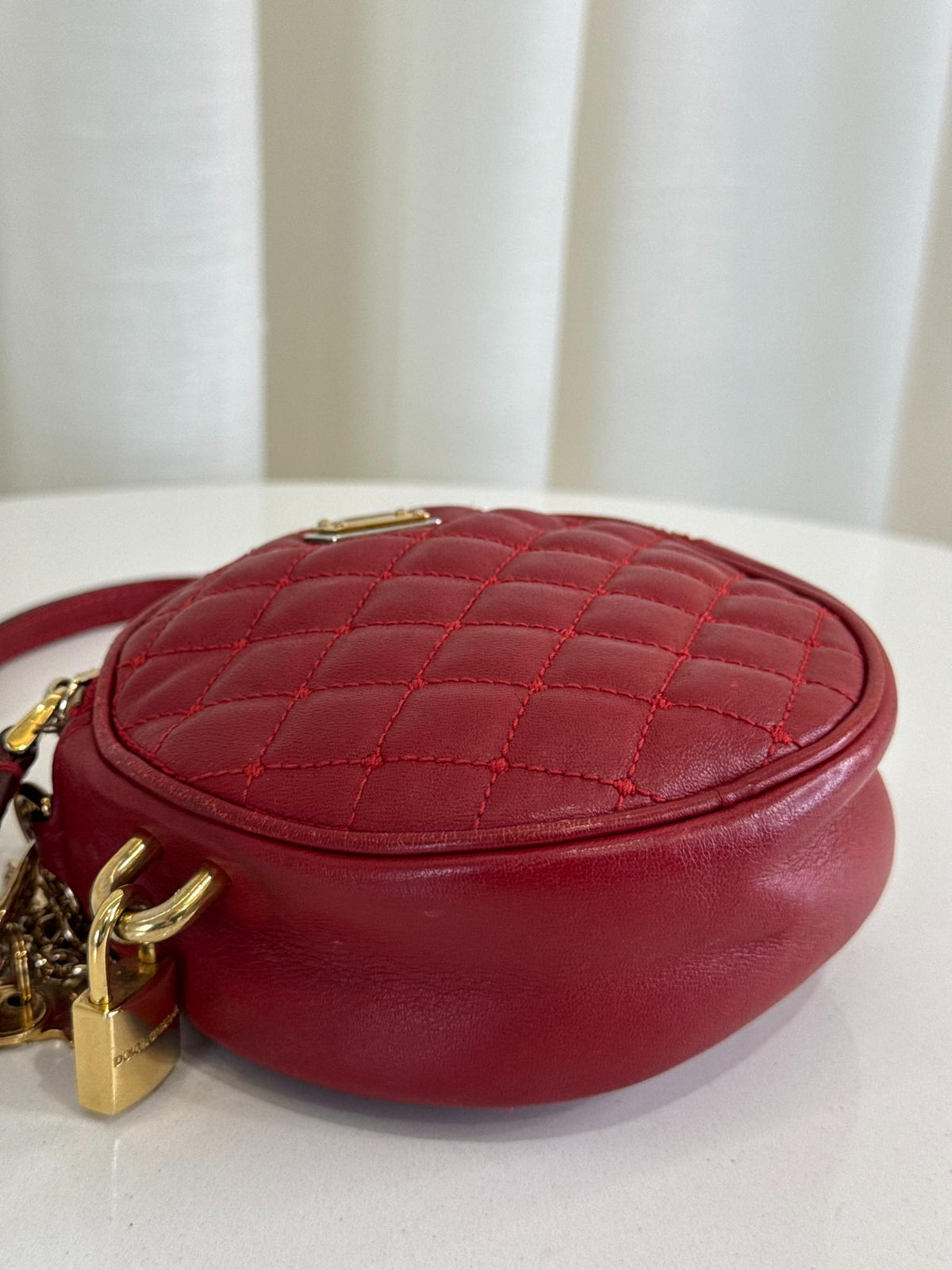 Dolce Gabbana Red Quilted Leather Round Crossbody Bag