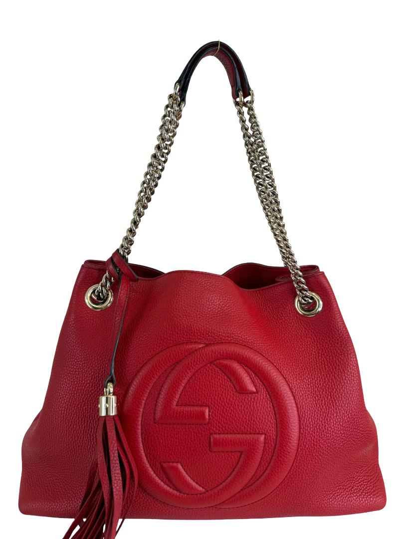 Gucci Red Pebbled Leather Soho Chain Tote Bag