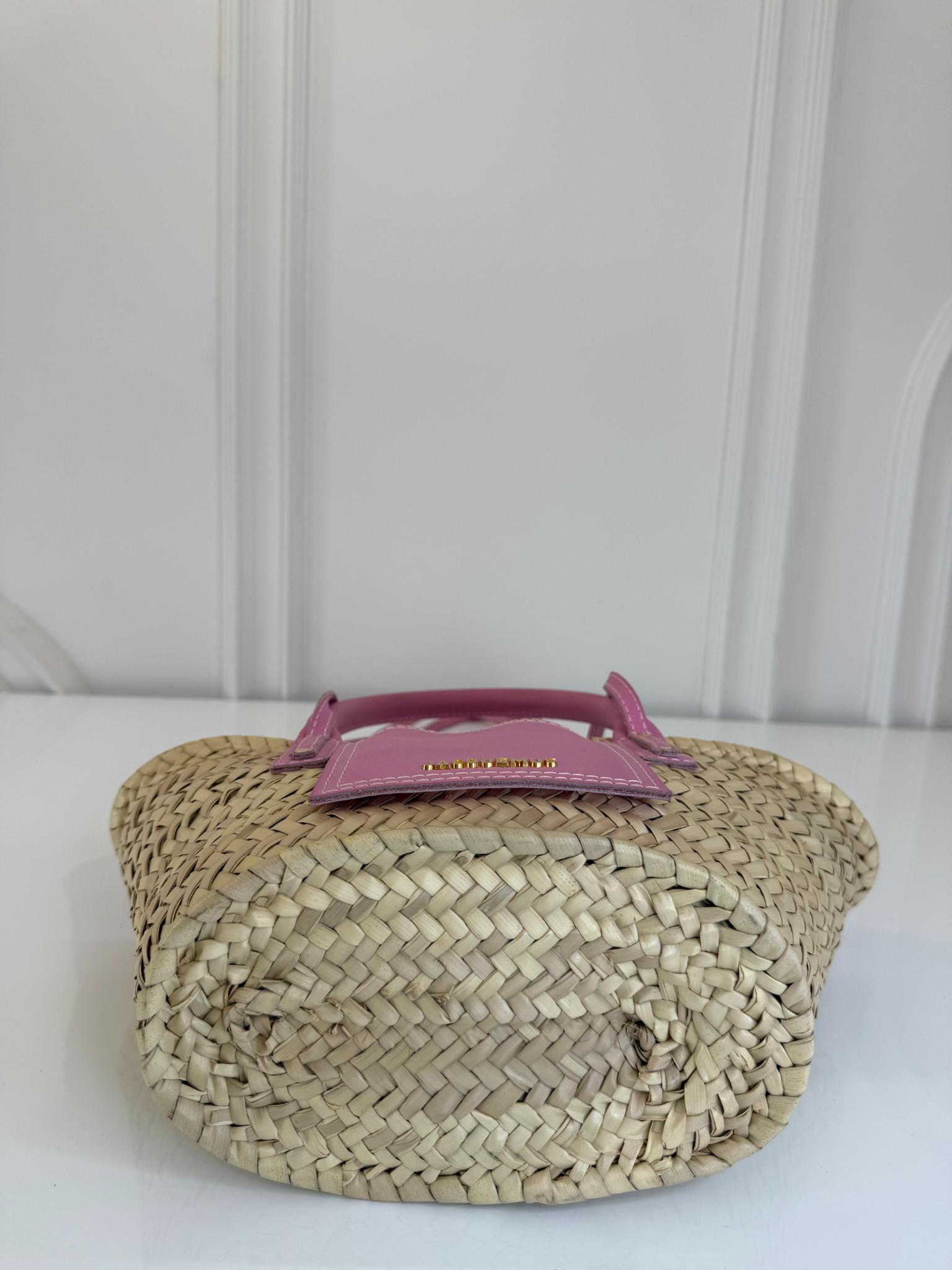 Jacquemus Le Petit Panier Soli Raffia and Pink Leather Trim Basket Bag