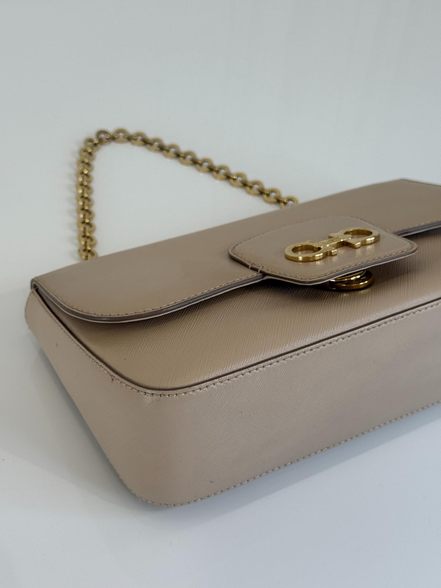 Salvatore Ferragamo Beige Leather Luciana Chain Flap Bag