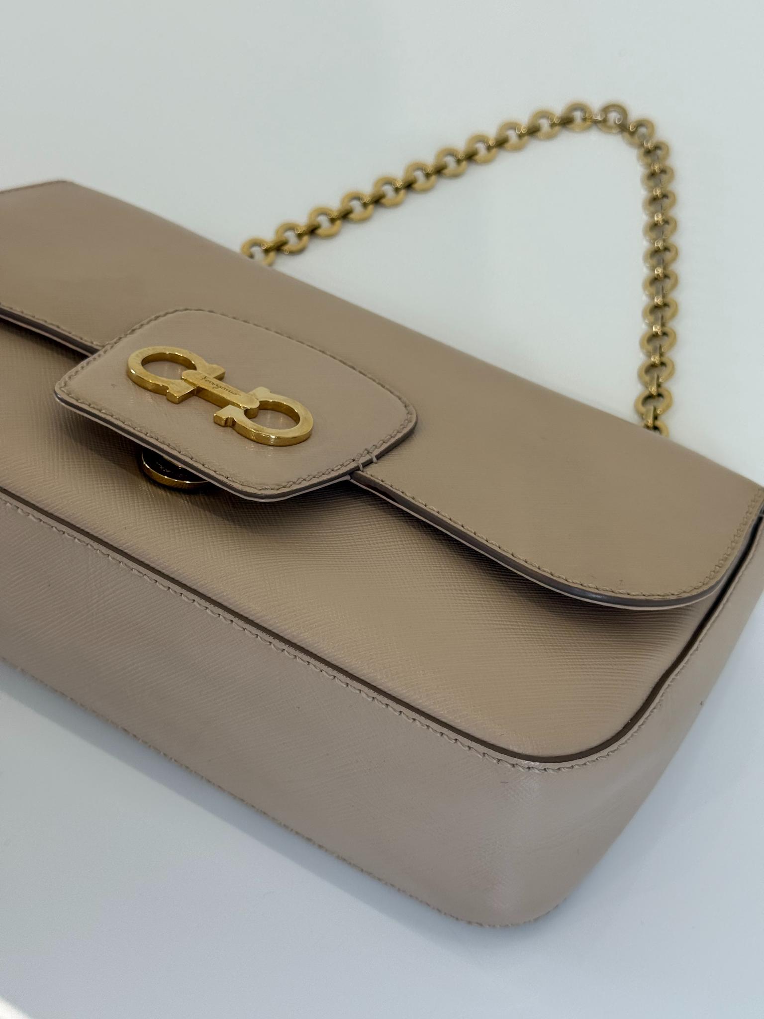 Salvatore Ferragamo Beige Leather Luciana Chain Flap Bag
