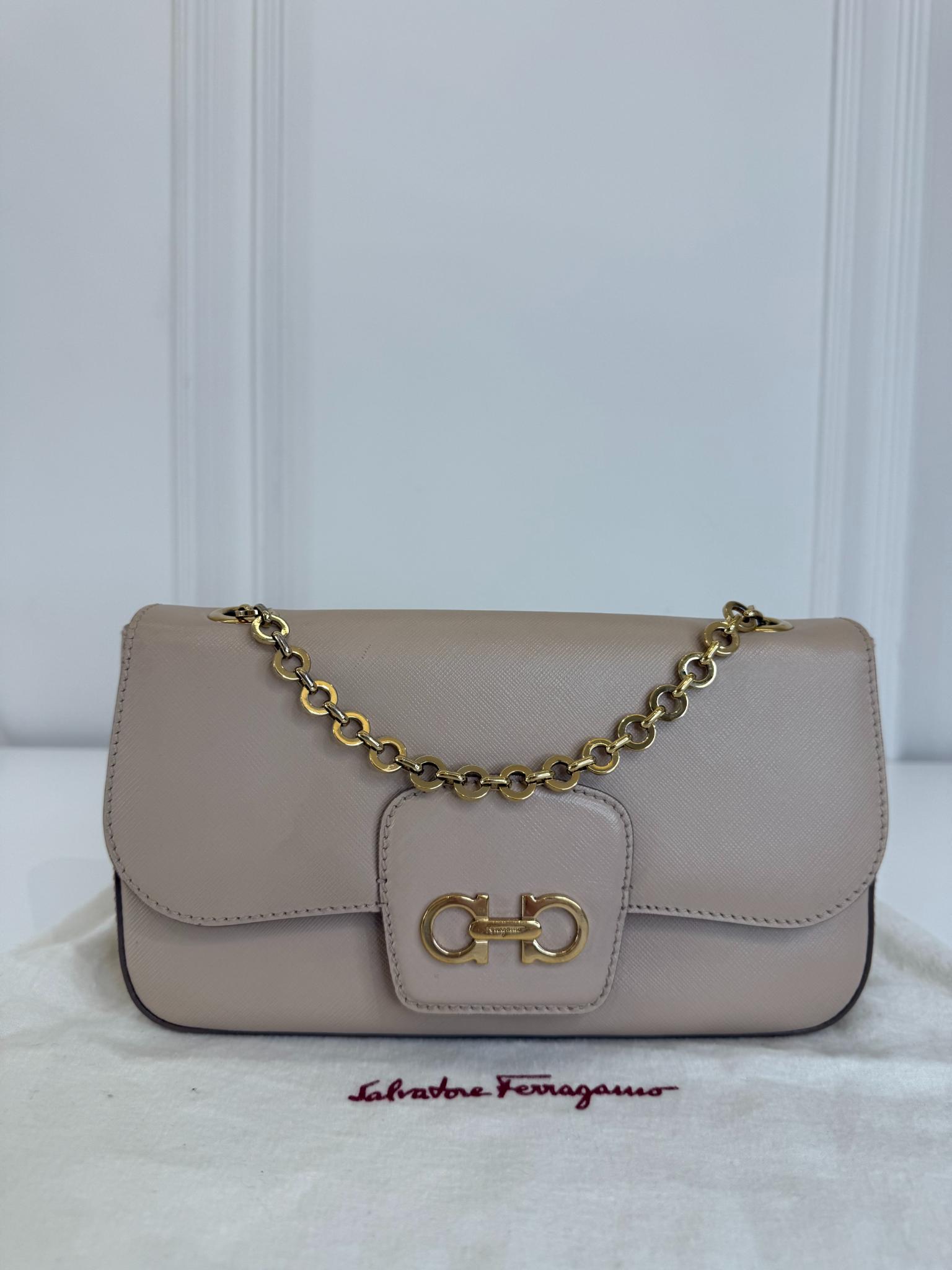 Salvatore Ferragamo Beige Leather Luciana Chain Flap Bag