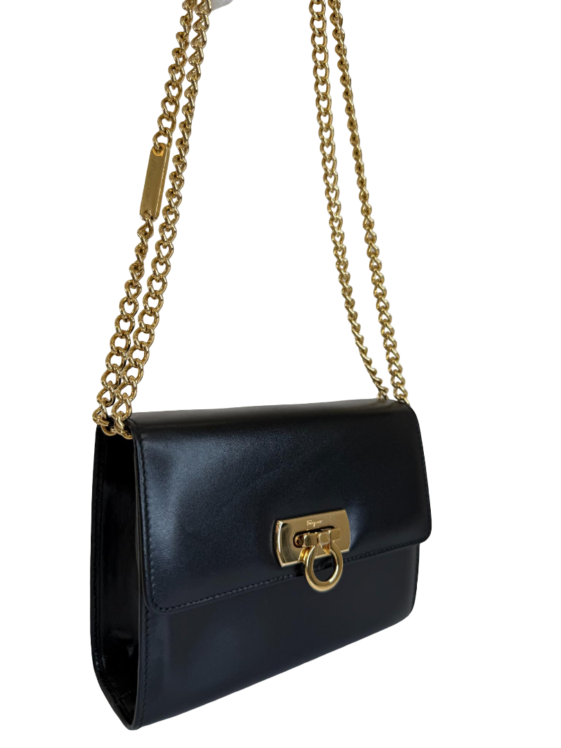 Salvatore Ferragamo Vintage Gancini Black Leather Chain Crossbody Bag