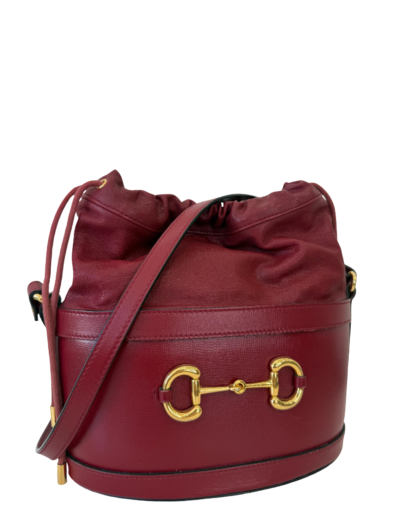 Gucci Calfskin Horsebit 1955 Drawstring Bucket Rosso Ancora