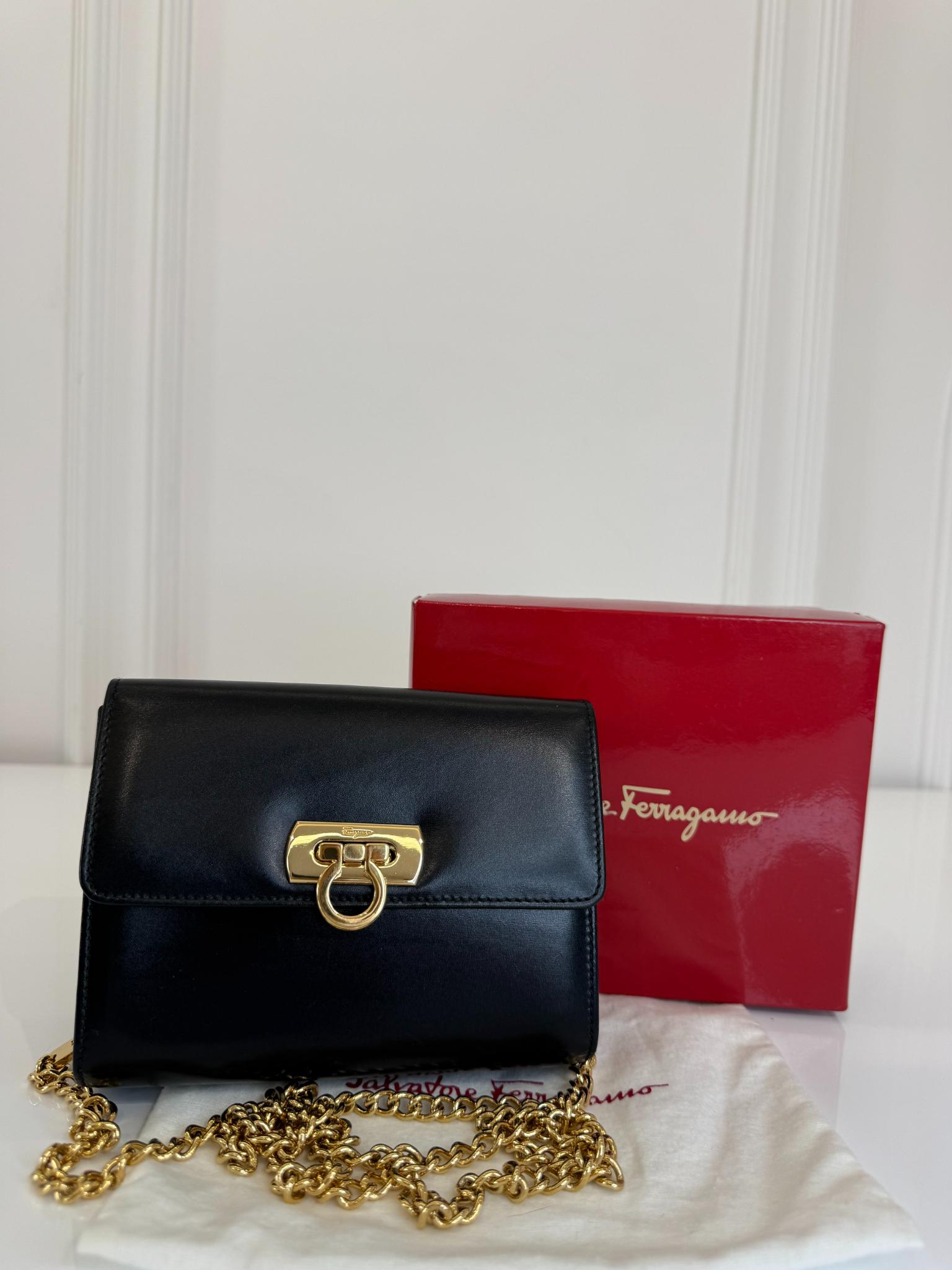 Salvatore Ferragamo Vintage Gancini Black Leather Chain Crossbody Bag