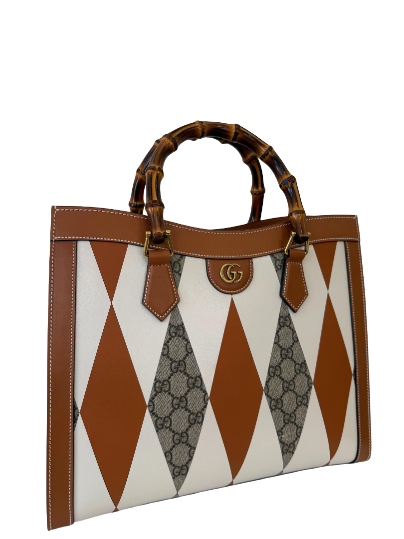 Gucci Diana Brown/White Calfskin Rhombus Print  Large Bamboo Handle Tote