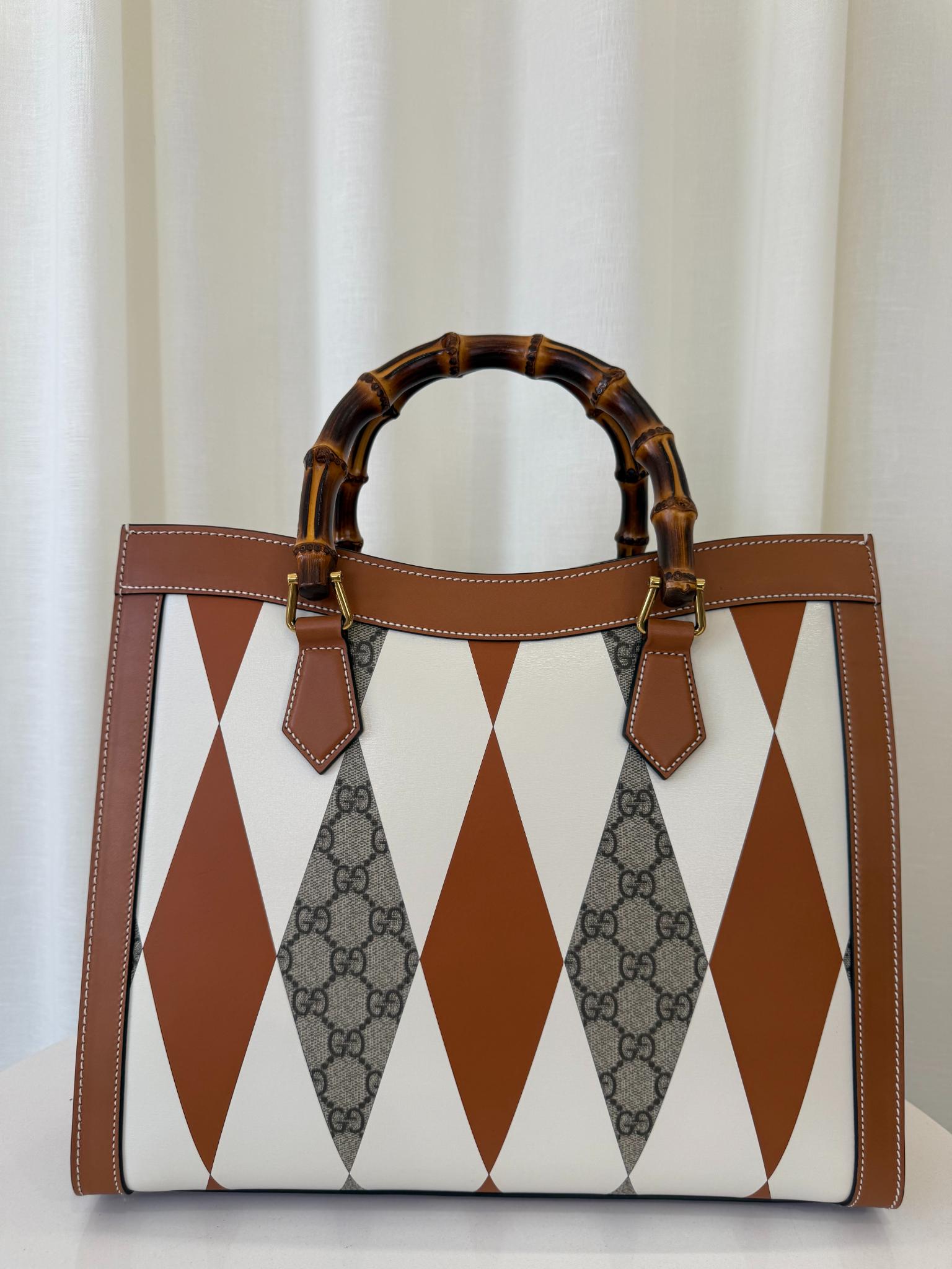 Gucci Diana Brown/White Calfskin Rhombus Print  Large Bamboo Handle Tote