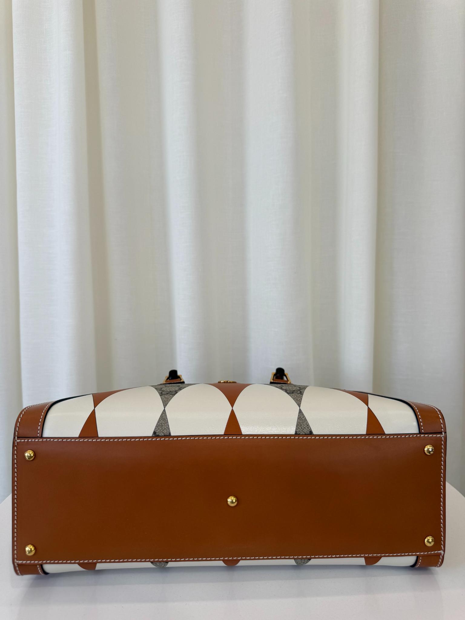 Gucci Diana Brown/White Calfskin Rhombus Print  Large Bamboo Handle Tote