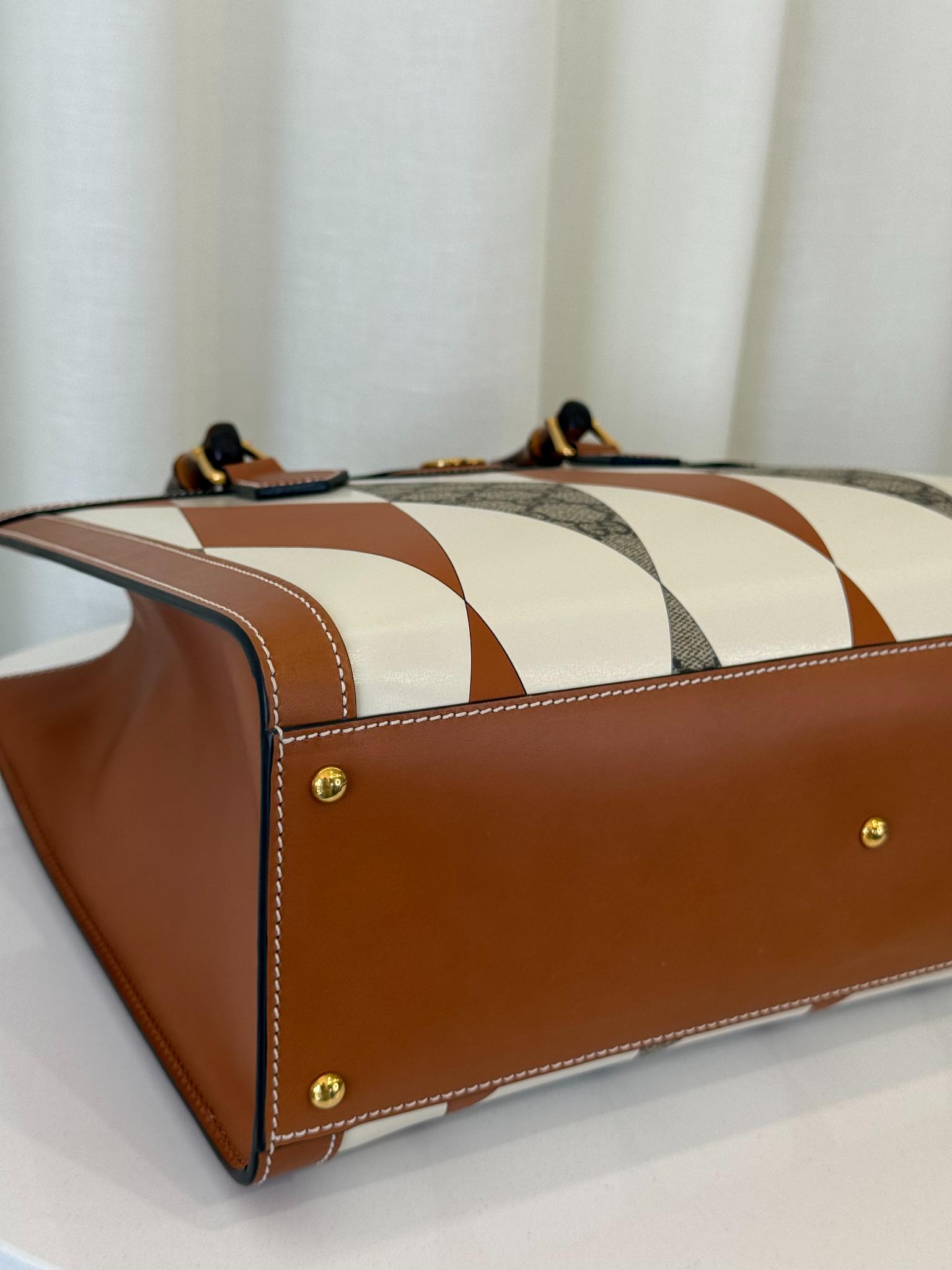 Gucci Diana Brown/White Calfskin Rhombus Print  Large Bamboo Handle Tote