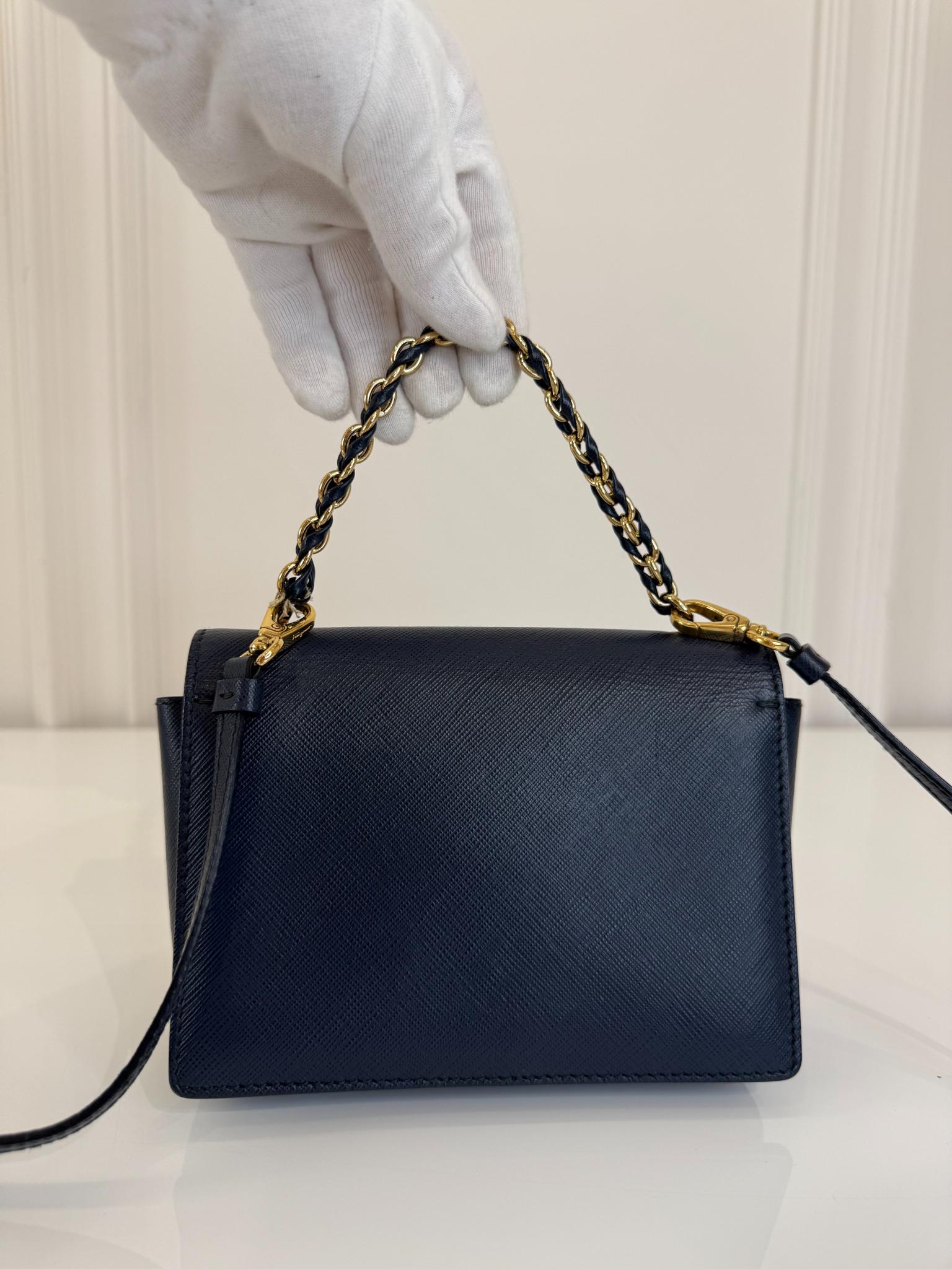 Salvatore Ferragamo Dark Blue Leather Vara Bow Chain Mini Crossbody Bag