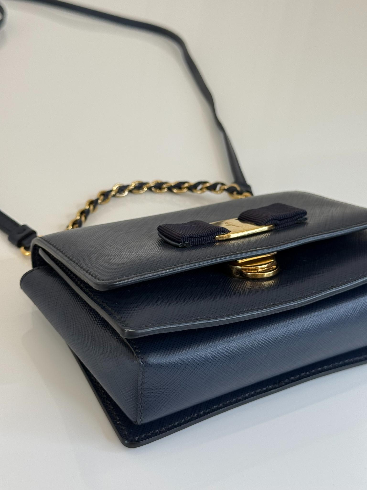 Salvatore Ferragamo Dark Blue Leather Vara Bow Chain Mini Crossbody Bag