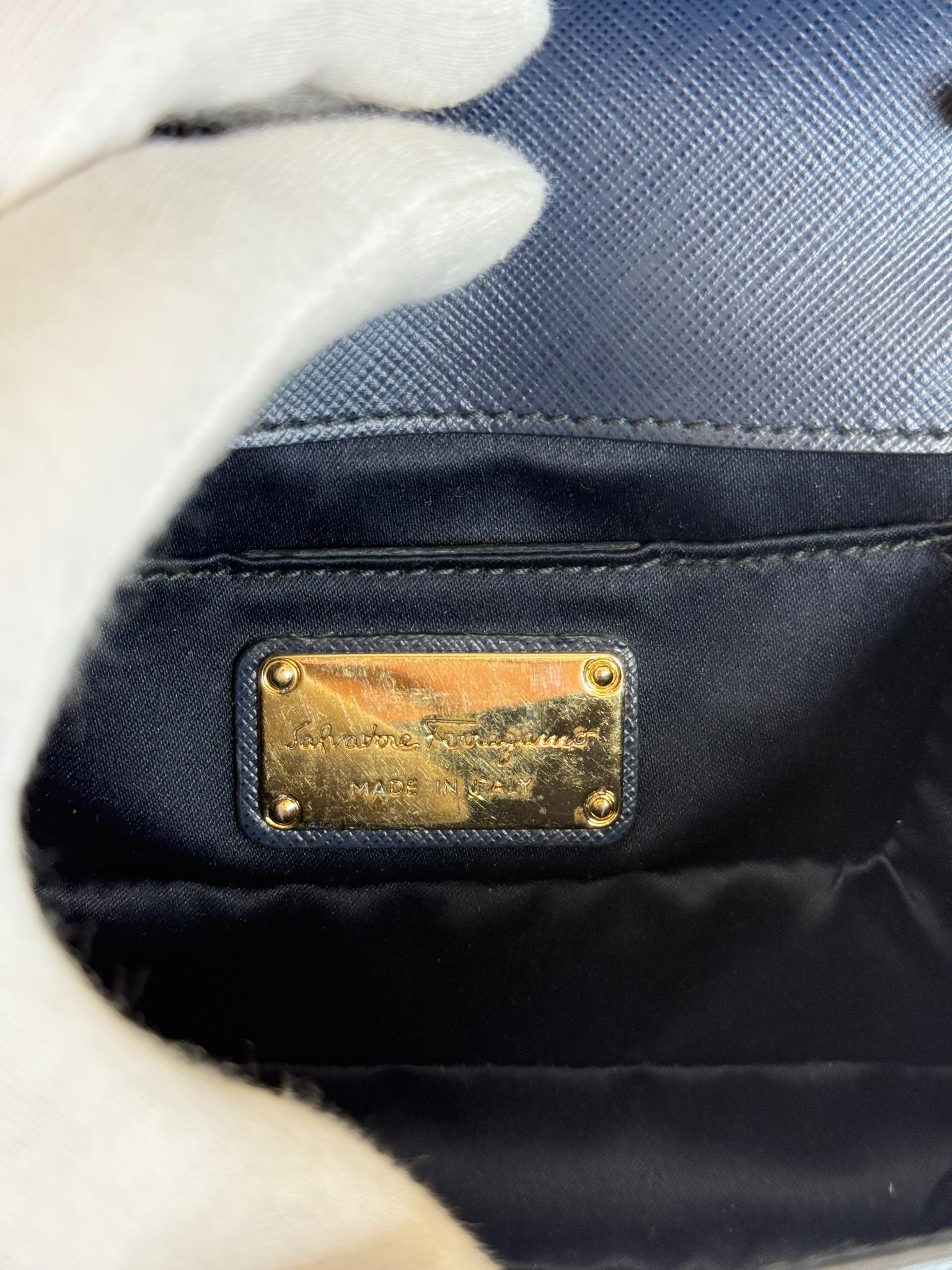 Salvatore Ferragamo Dark Blue Leather Vara Bow Chain Mini Crossbody Bag