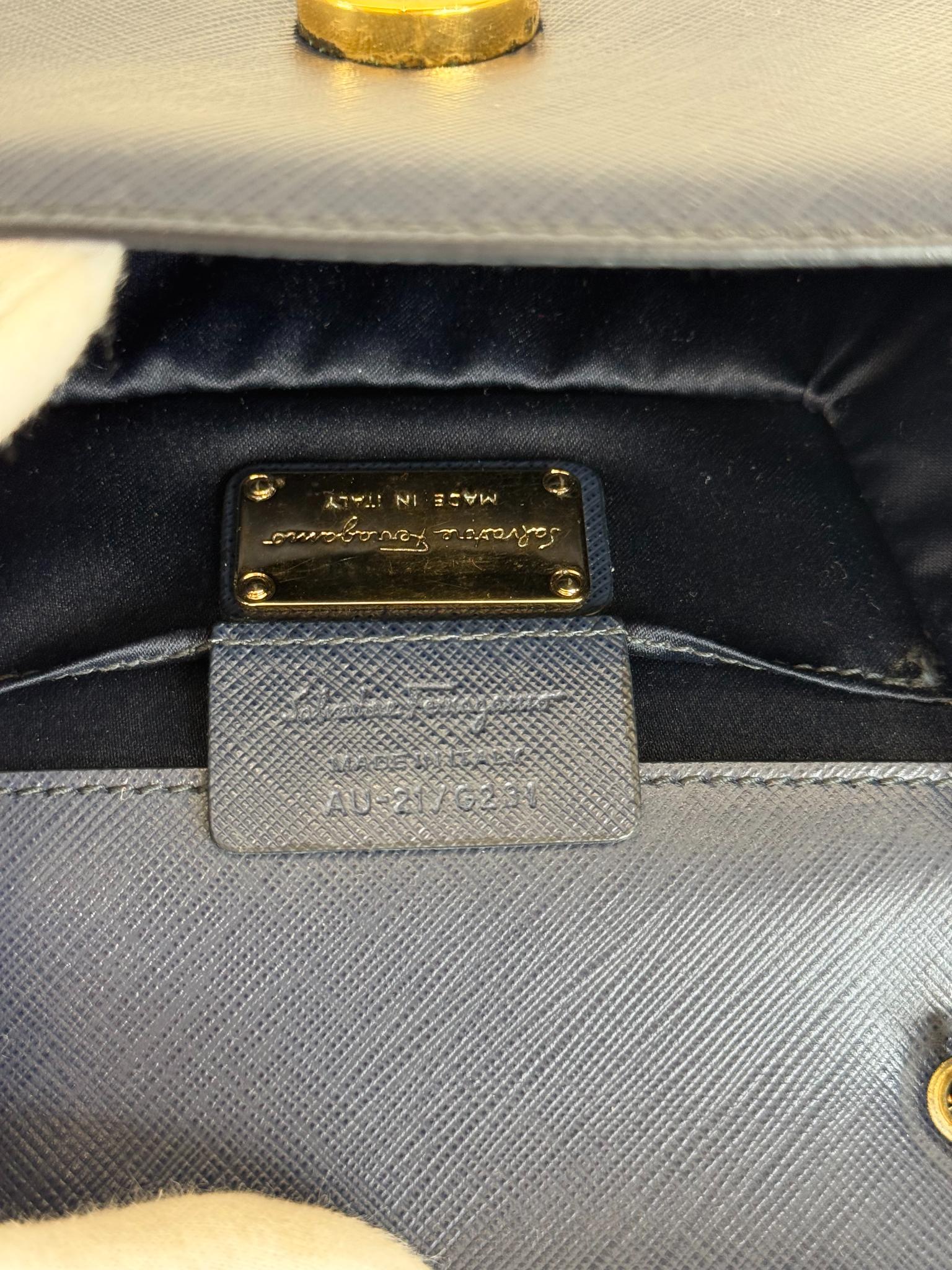 Salvatore Ferragamo Dark Blue Leather Vara Bow Chain Mini Crossbody Bag