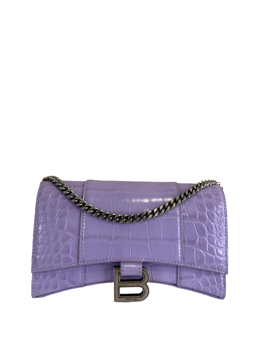 Balenciaga Hourglass Light Purple Croc Embossed Leather Wallet On Chain