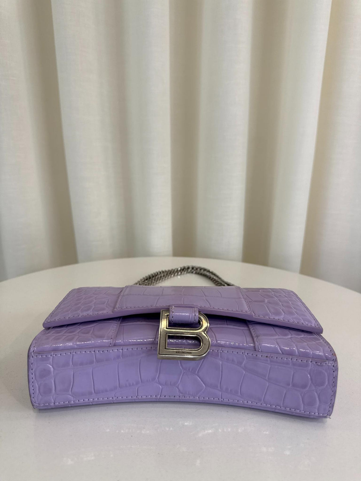 Balenciaga Hourglass Light Purple Croc Embossed Leather Wallet On Chain