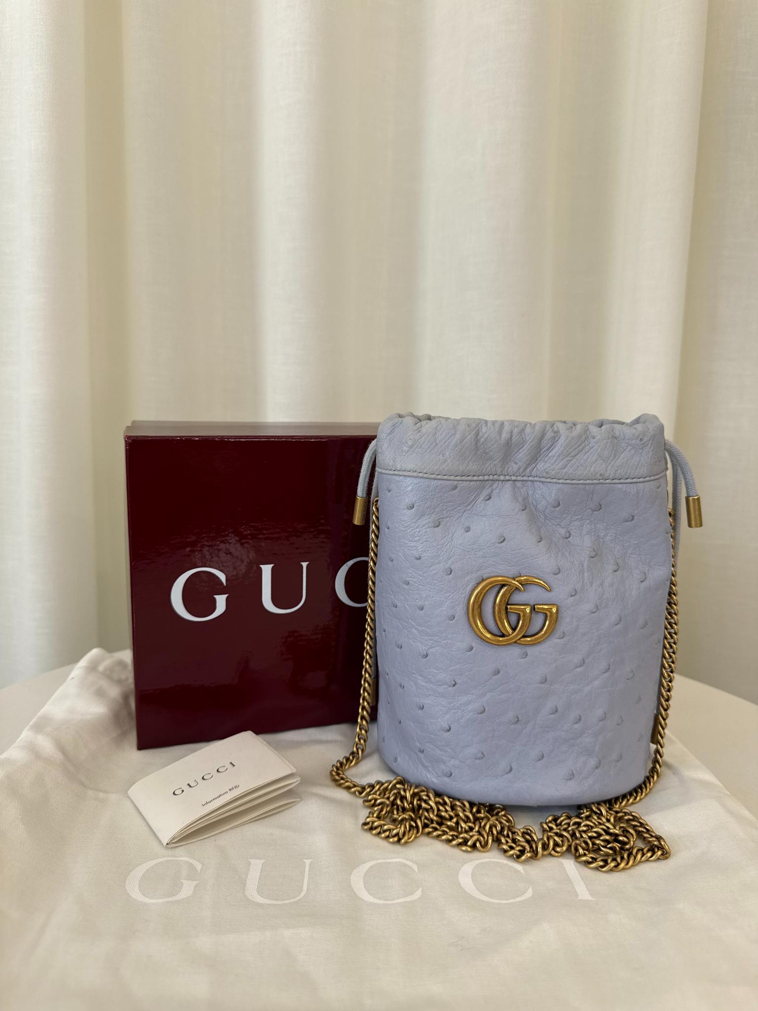 Gucci GG Marmont Pale Blue Ostrich Leather Mini Bucket Bag