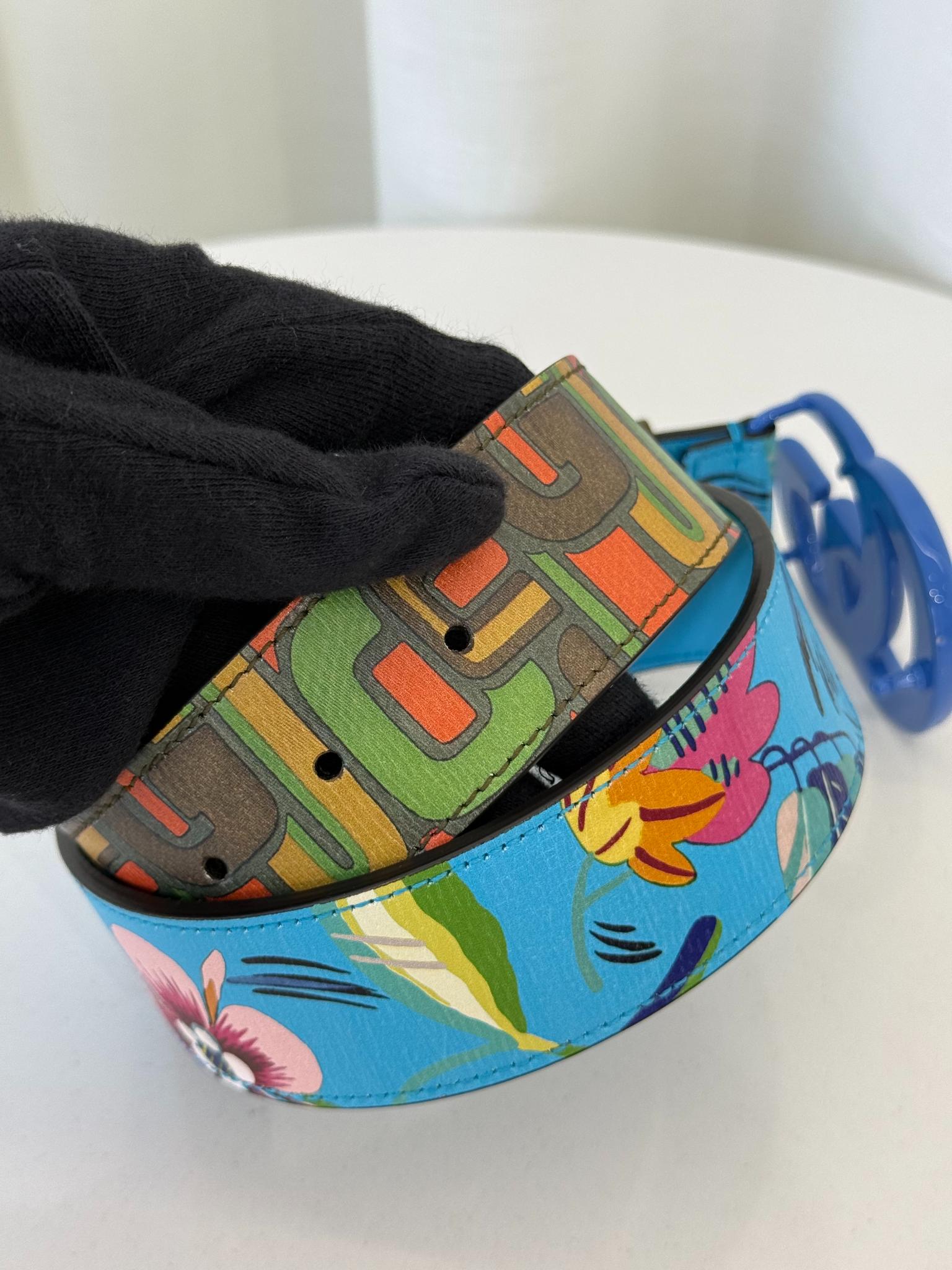 Gucci GG Marmont Blue Floral Pattern Belt