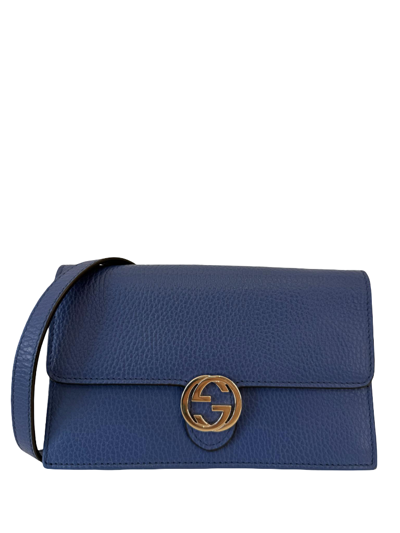 Gucci Interlocking G Blue Grained Leather Wallet On Chain