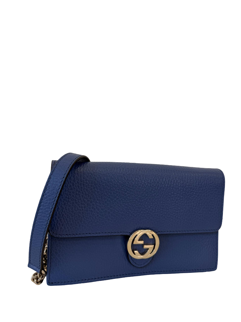 Gucci Interlocking G Blue Grained Leather Wallet On Chain