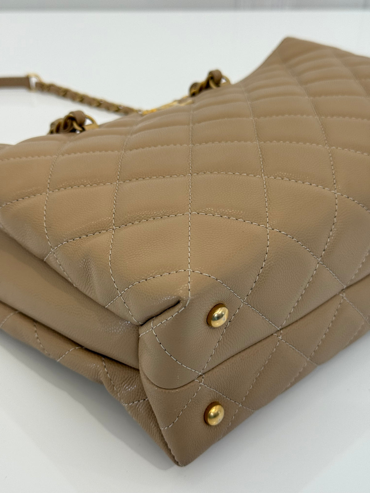 Chanel Beige Quilted Shiny Caviar Leather Coco Handle Shopping Tote