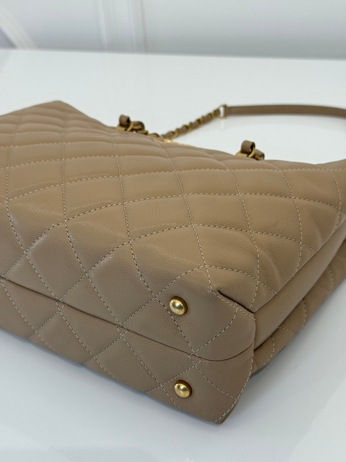 Chanel Beige Quilted Shiny Caviar Leather Coco Handle Shopping Tote