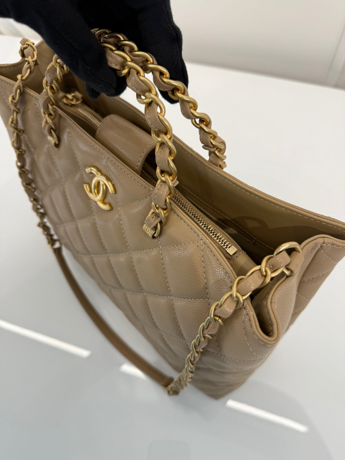 Chanel Beige Quilted Shiny Caviar Leather Coco Handle Shopping Tote