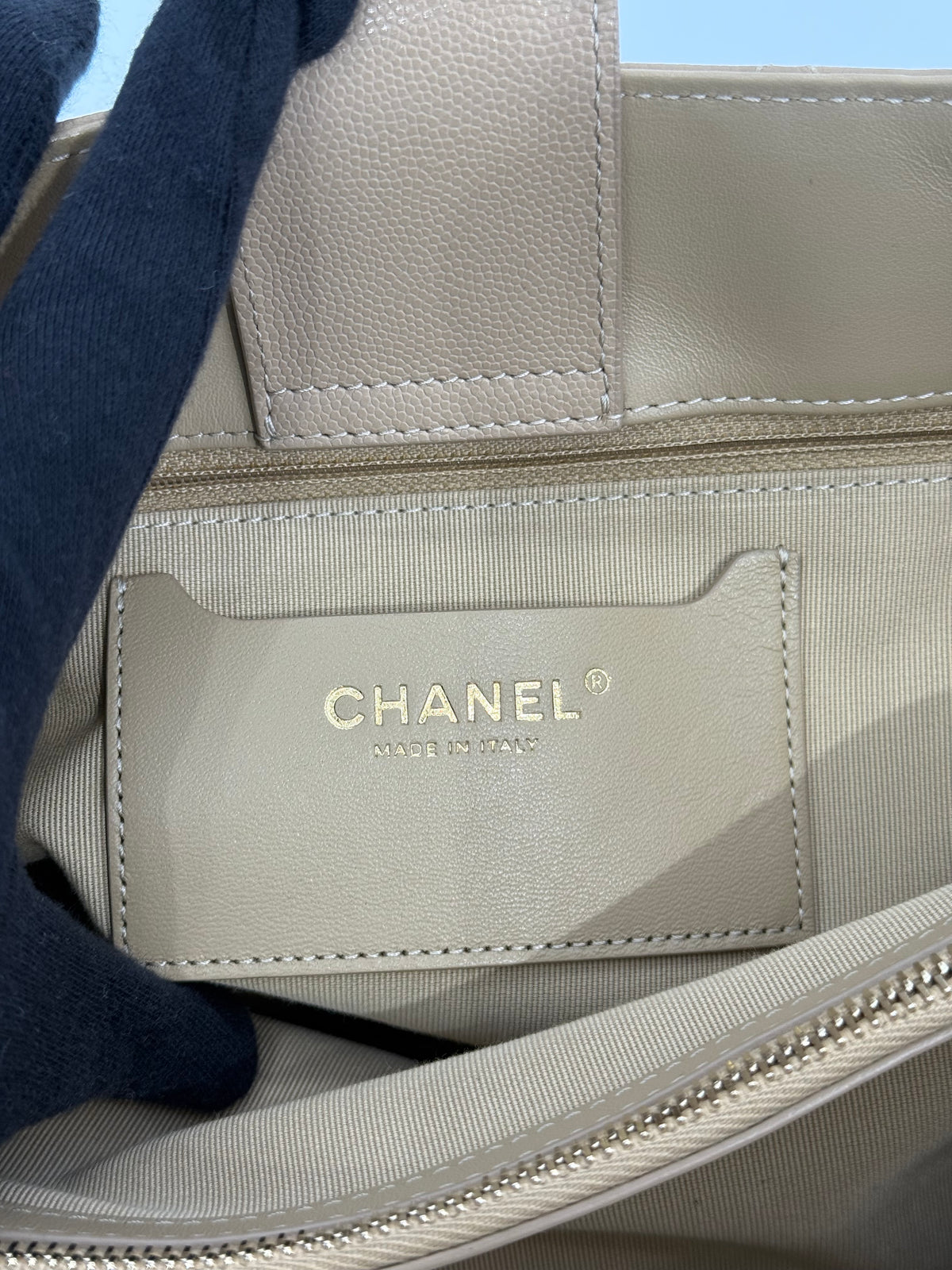 Chanel Beige Quilted Shiny Caviar Leather Coco Handle Shopping Tote