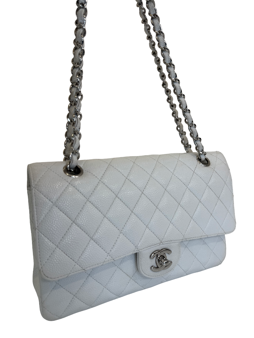Chanel Classic Medium White Caviar Leather Double Flap Bag
