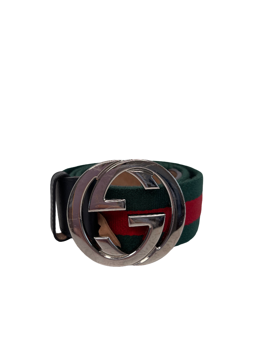 Gucci GG Interlocking Web Belt With Double G Silver Buckle