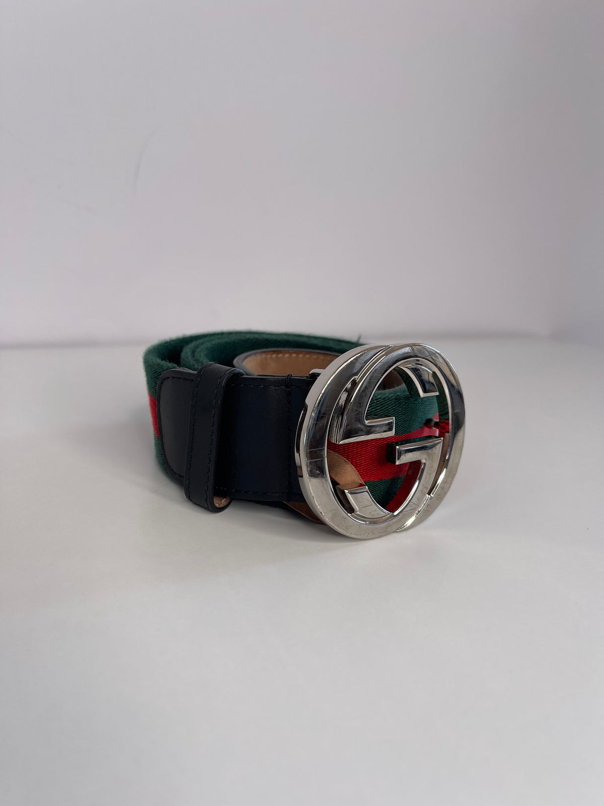 Gucci GG Interlocking Web Belt With Double G Silver Buckle