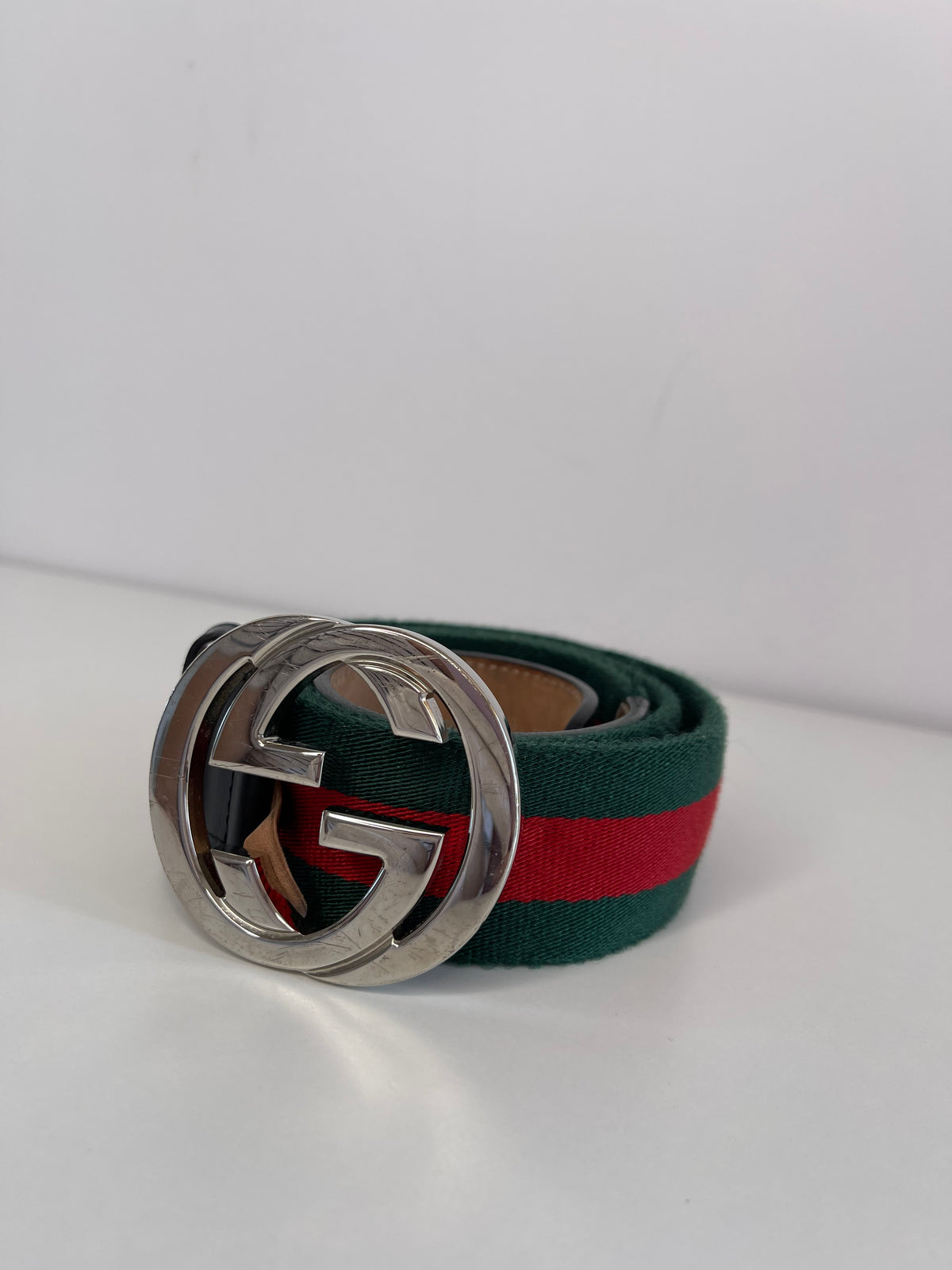 Gucci GG Interlocking Web Belt With Double G Silver Buckle