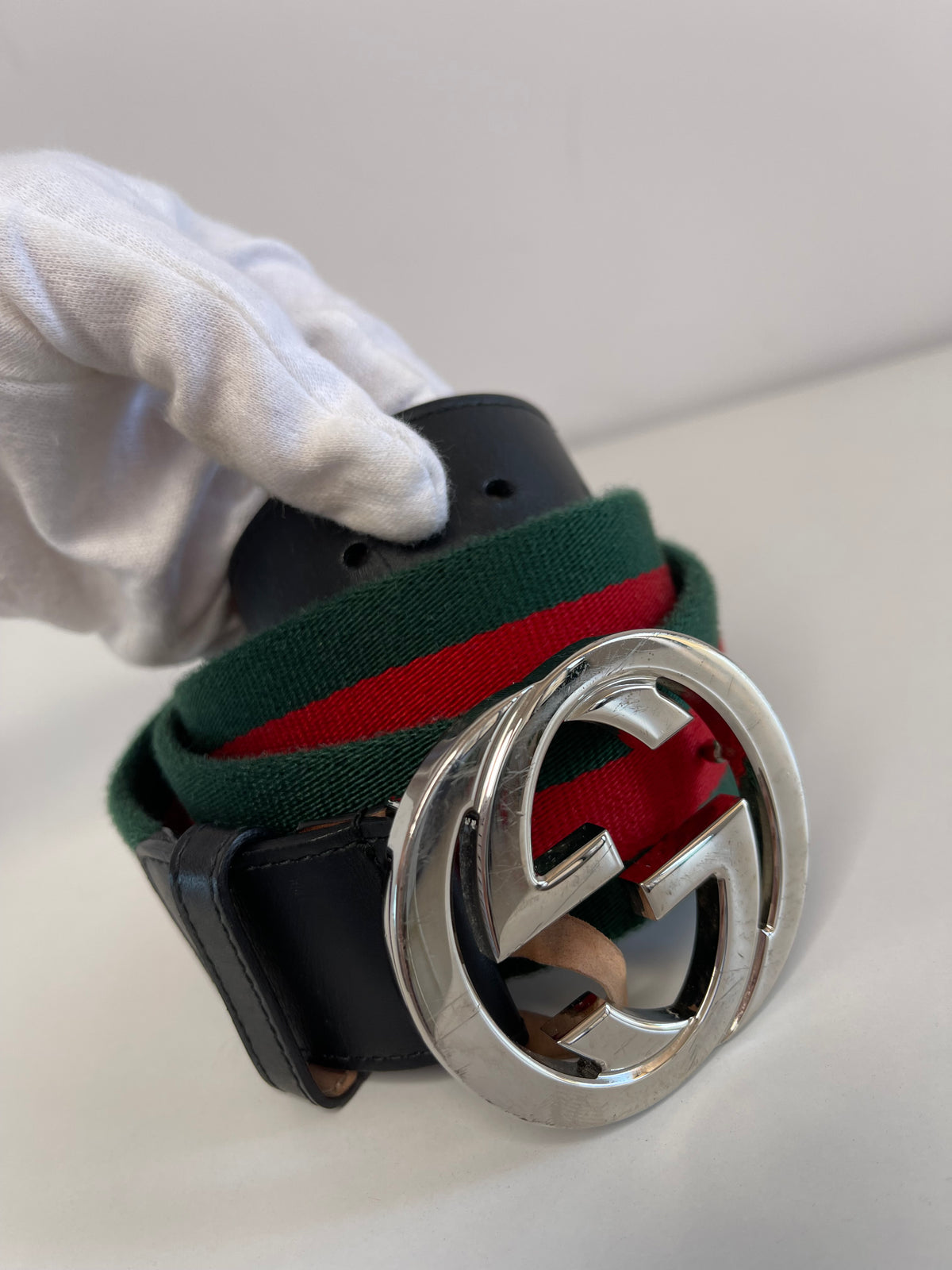Gucci GG Interlocking Web Belt With Double G Silver Buckle