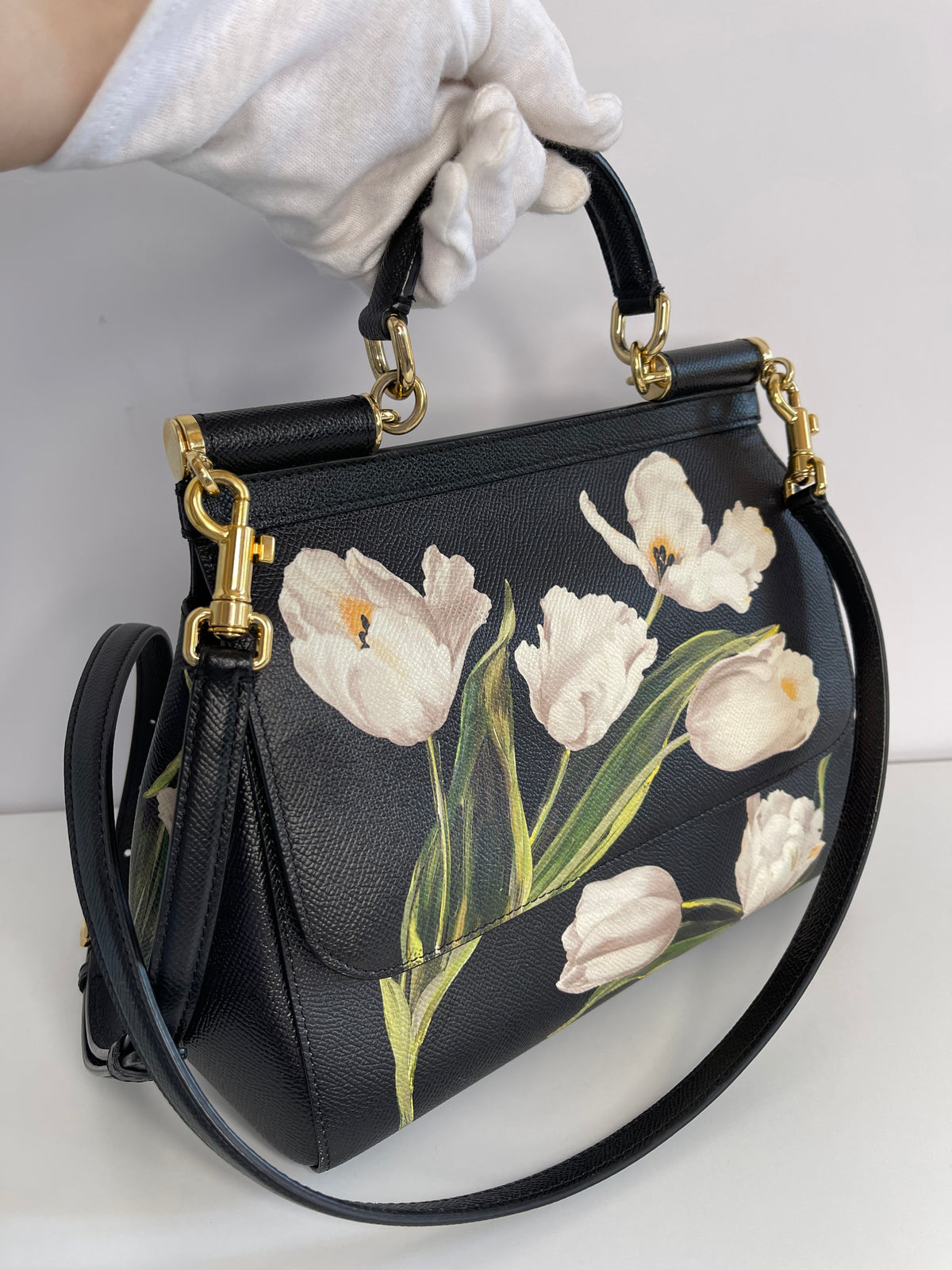 Dolce & Gabbana Medium Miss Sicily Black Tulip Print Leather  Bag