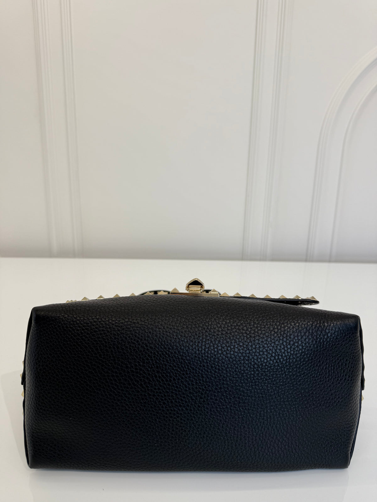 Valentino Black Grained Calfskin Leather Rockstud Top Handle Bag