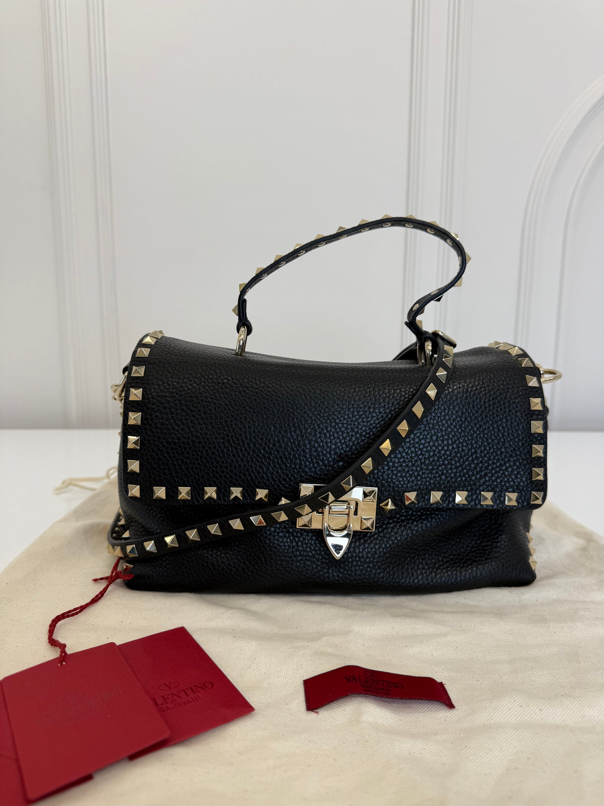 Valentino Black Grained Calfskin Leather Rockstud Top Handle Bag