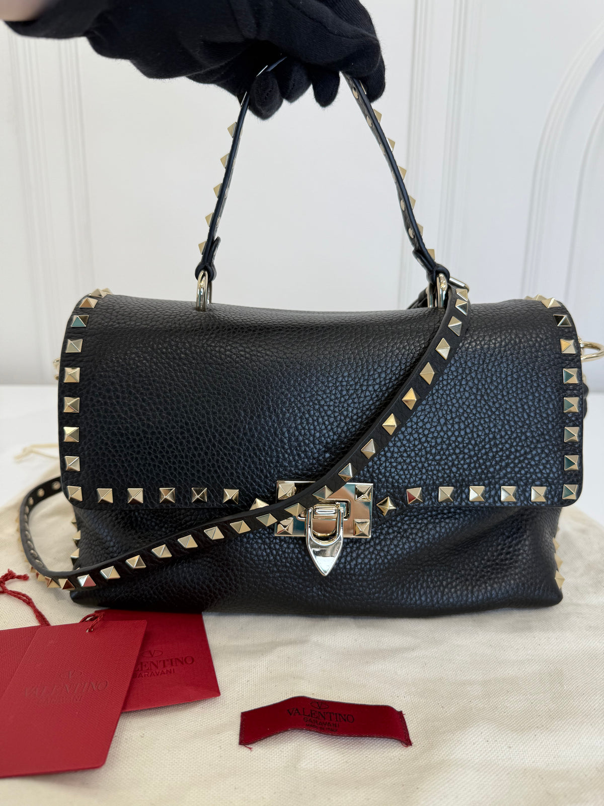 Valentino Black Grained Calfskin Leather Rockstud Top Handle Bag