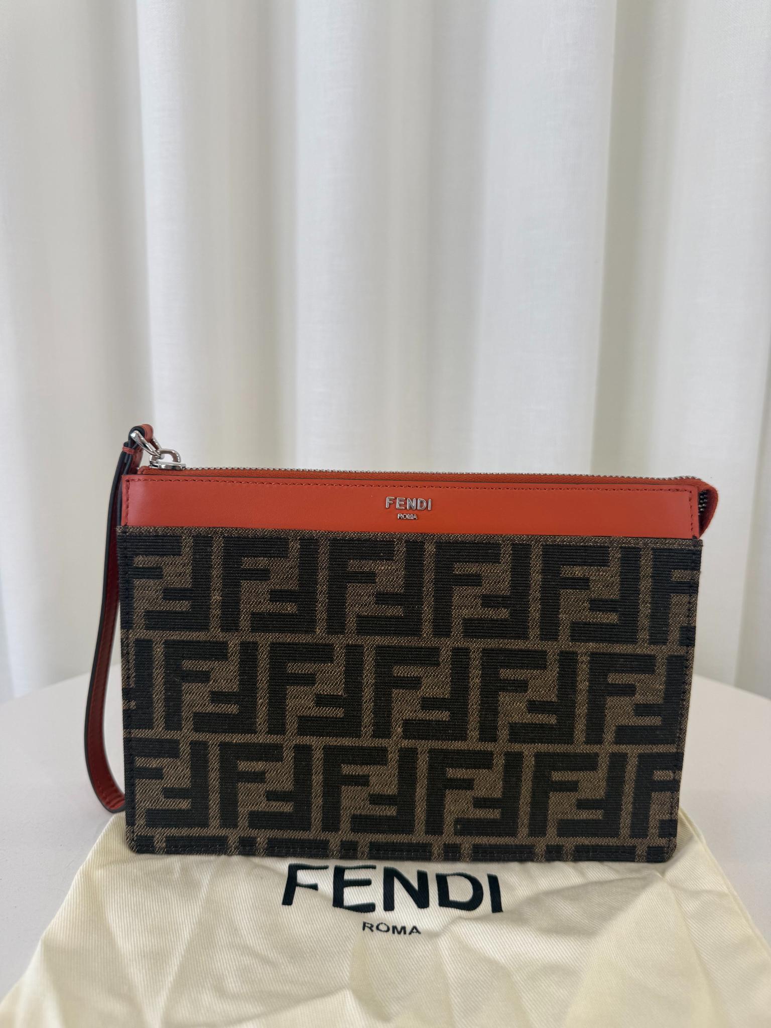 Fendi FF Jacquard Medium Pouch Brown Fabric Pouch