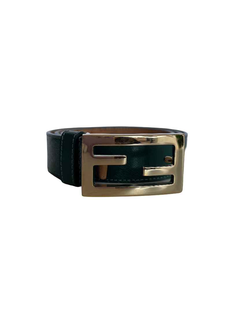 Fendi Green Leather FF Buckle Wide Waist Belt 90 Cm