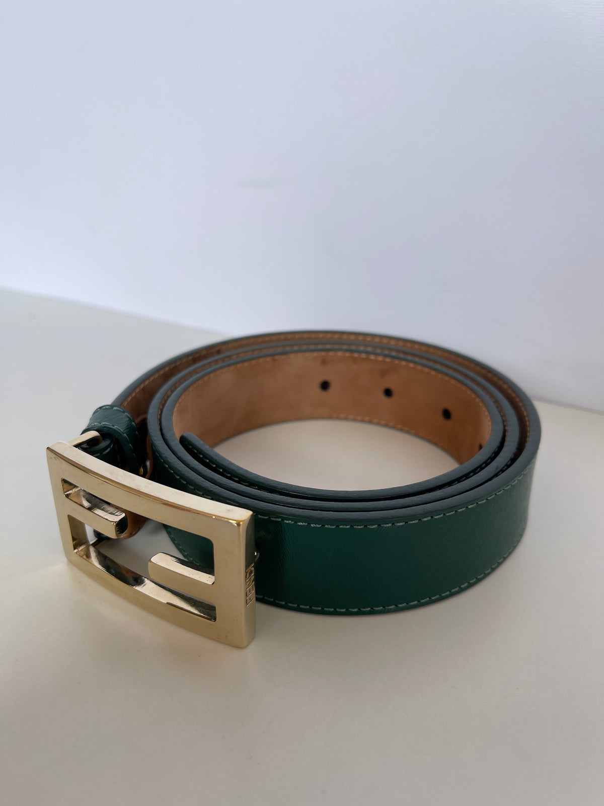 Fendi Green Leather FF Buckle Wide Waist Belt 90 Cm