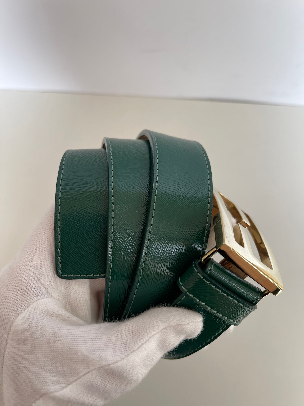Fendi Green Leather FF Buckle Wide Waist Belt 90 Cm