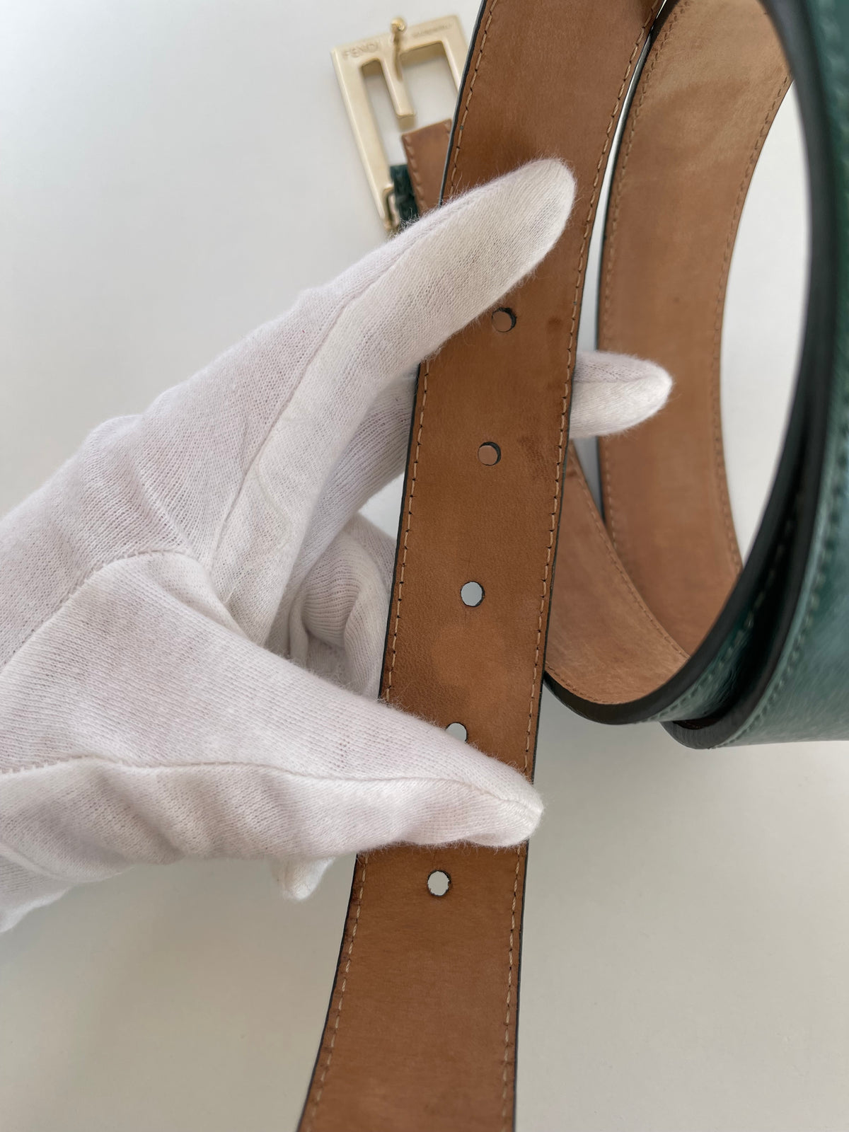 Fendi Green Leather FF Buckle Wide Waist Belt 90 Cm