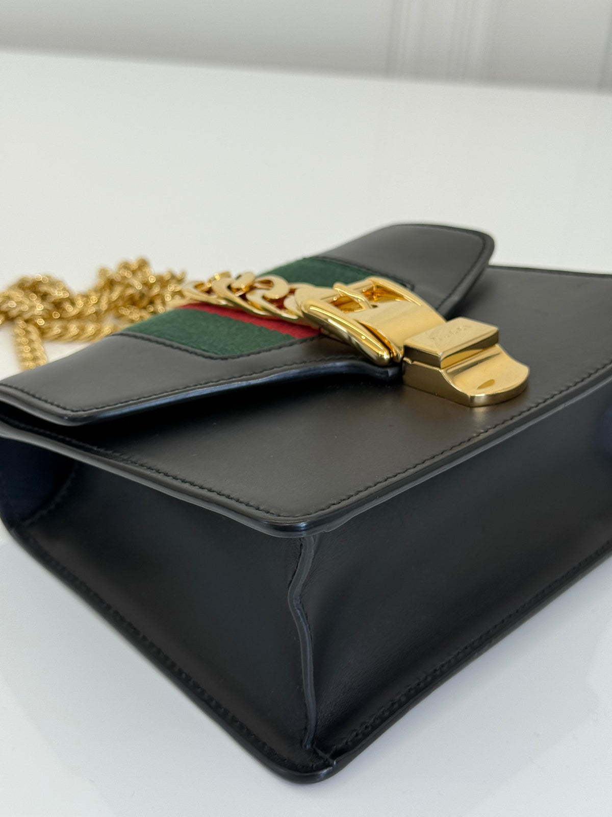 Gucci Sylvie Black Leather Web Signature Chain Crossbody Bag