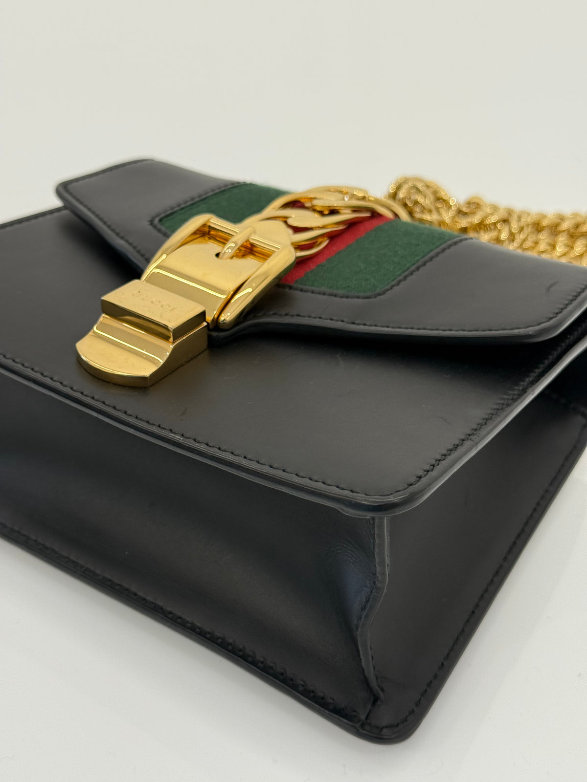 Gucci Sylvie Black Leather Web Signature Chain Crossbody Bag