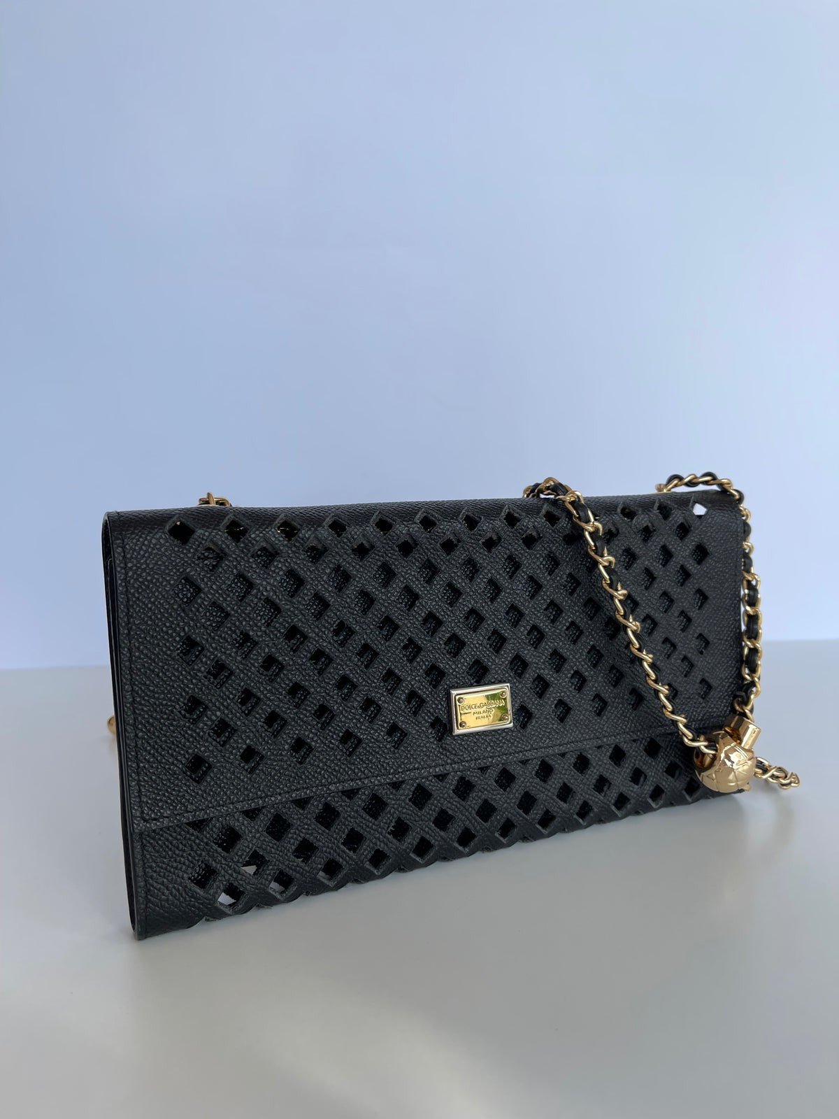 Dolce Gabbana Black Leather Wallet on Chain
